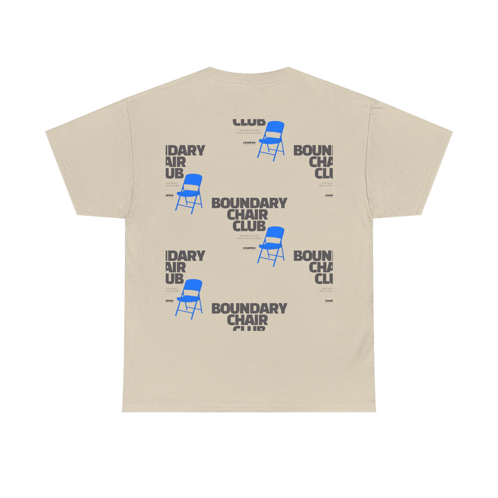 Beige t-shirt with text and blue chair graphics on a white background