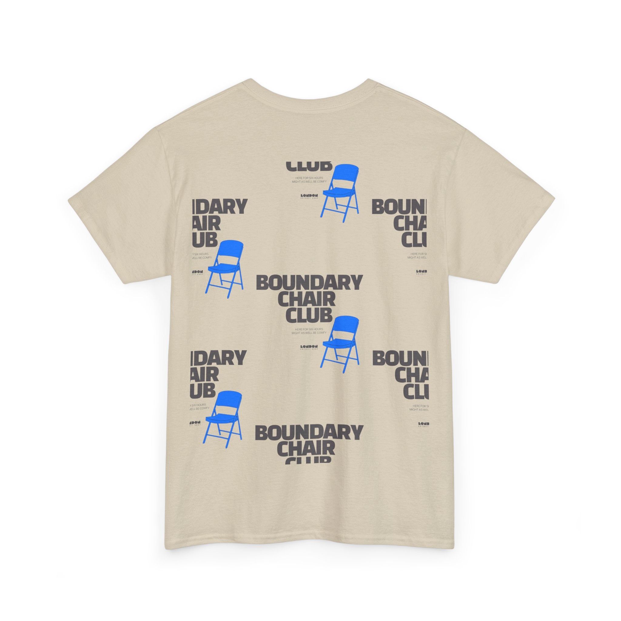 Beige t-shirt with blue and black graphics on a white background