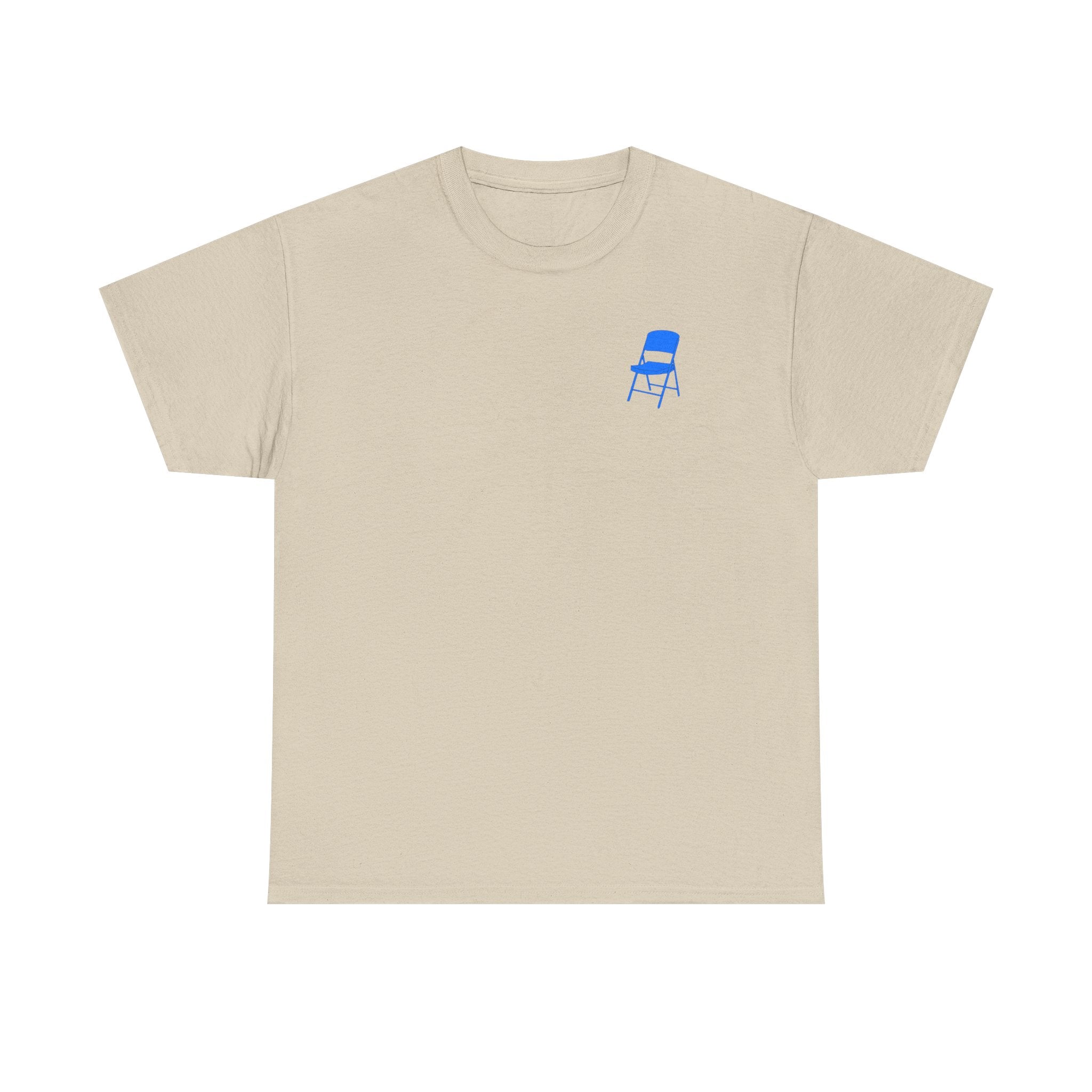 Sand colour t-shirt with blue chair on a white background