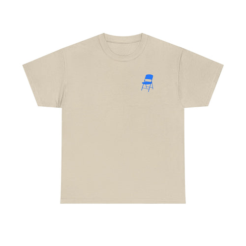 Sand colour t-shirt with blue chair on a white background