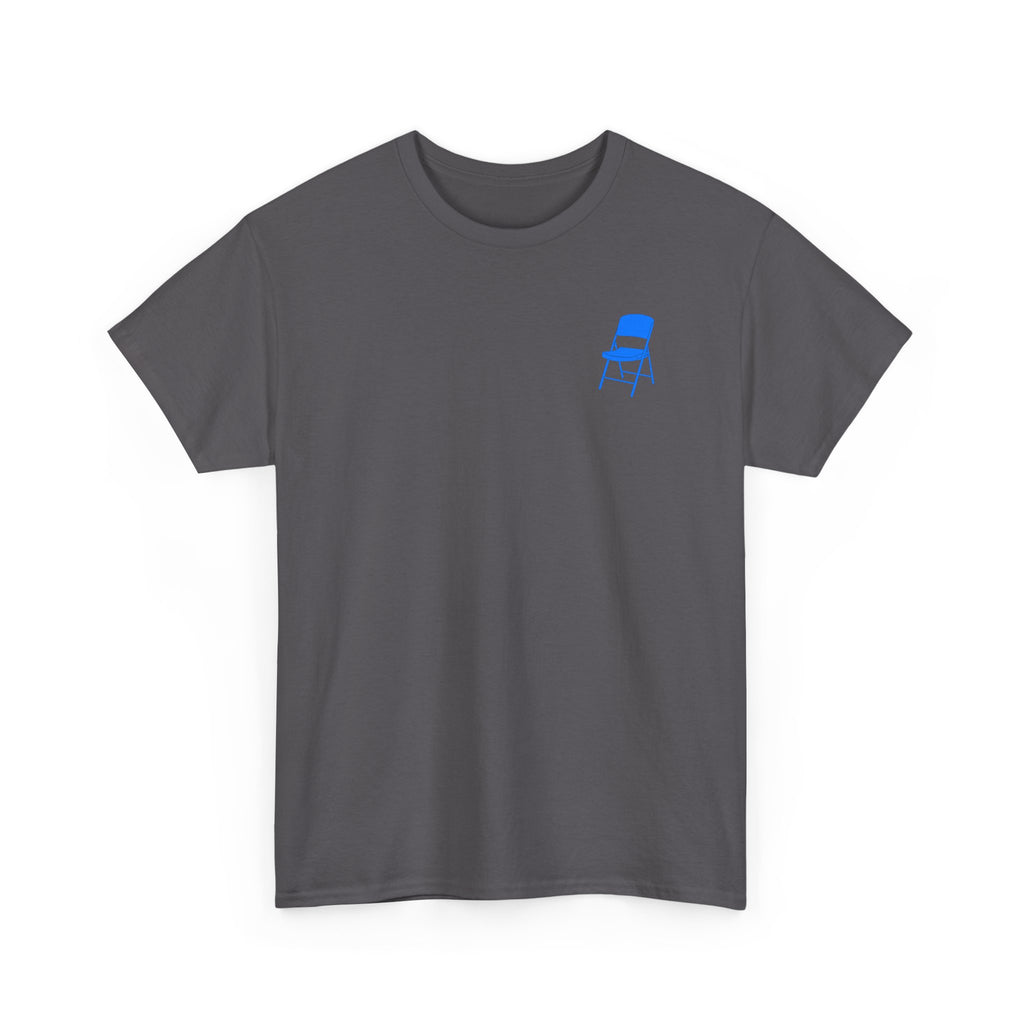 Gray t-shirt with a blue chair icon on a white background