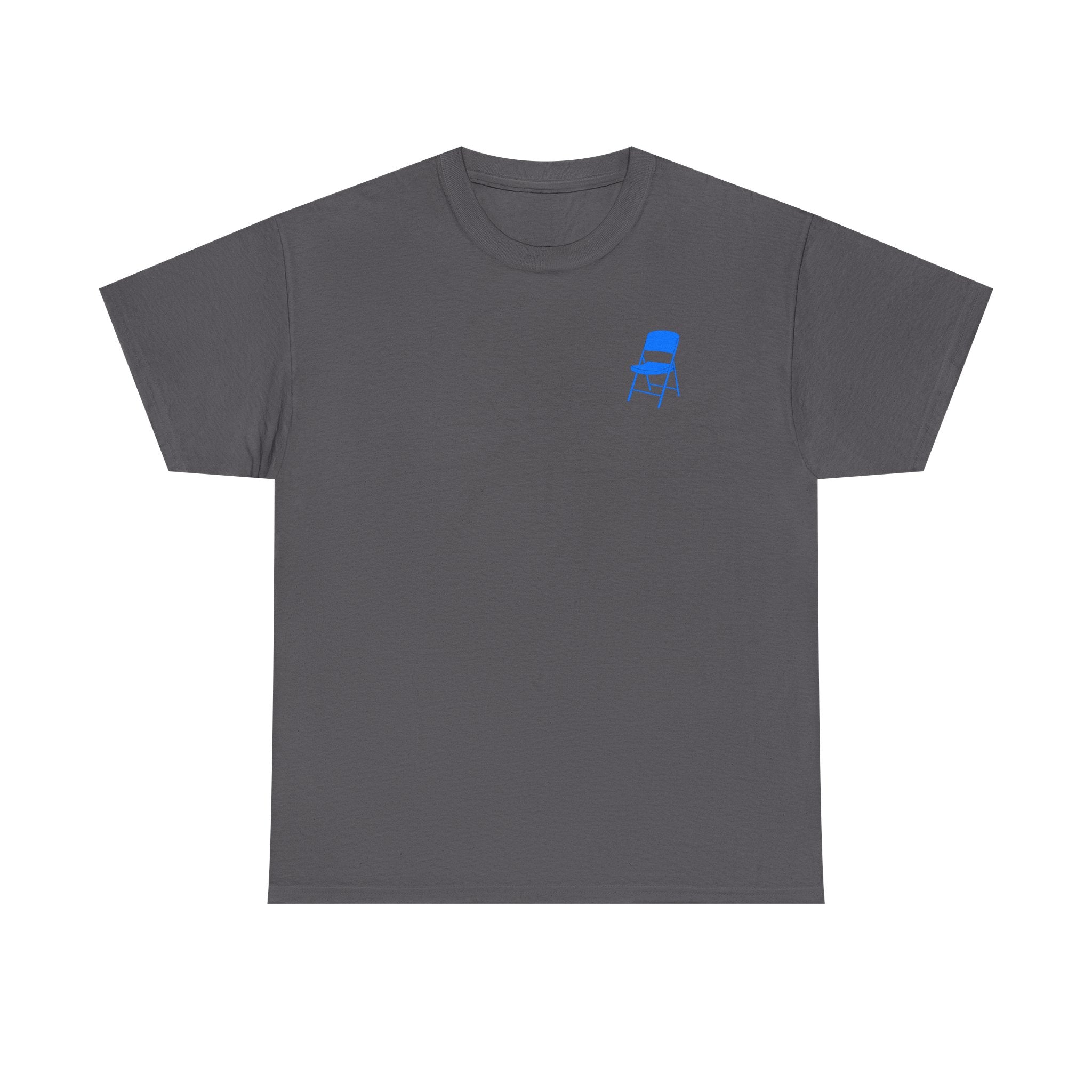 Gray t-shirt with a small blue chair logo on a white background