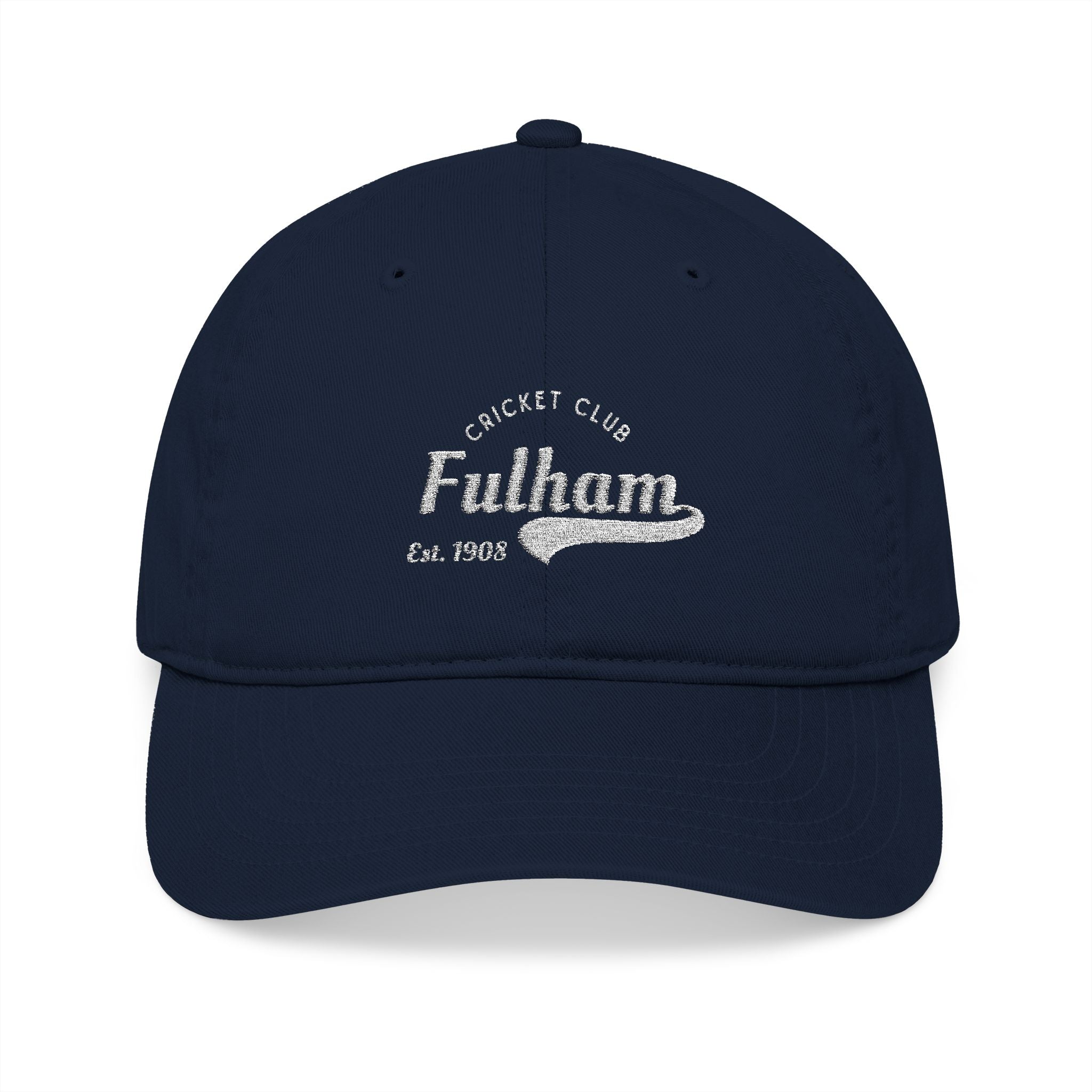 'Fulham Cricket Club' Embroidered Organic Baseball Cap — Natural Cotton Cap