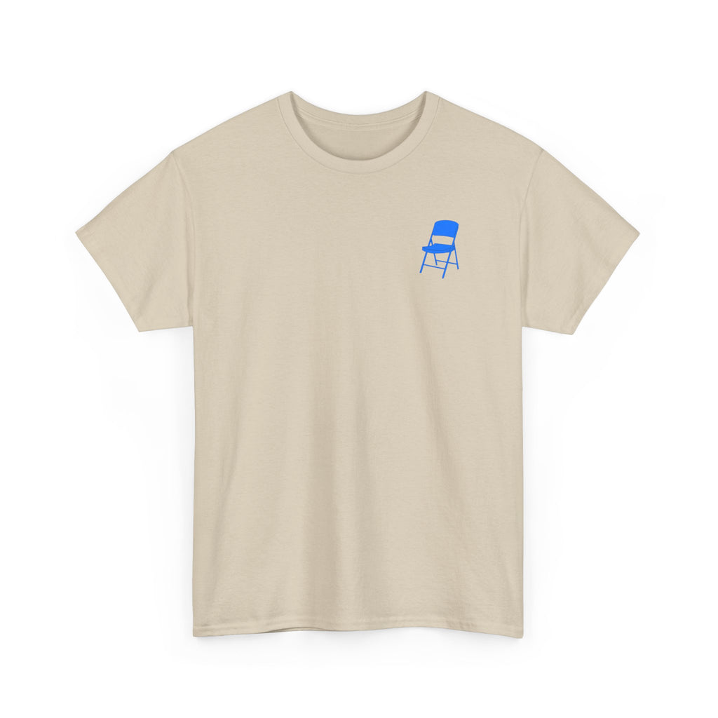 Beige t-shirt with 'blue chair' logo on a white background