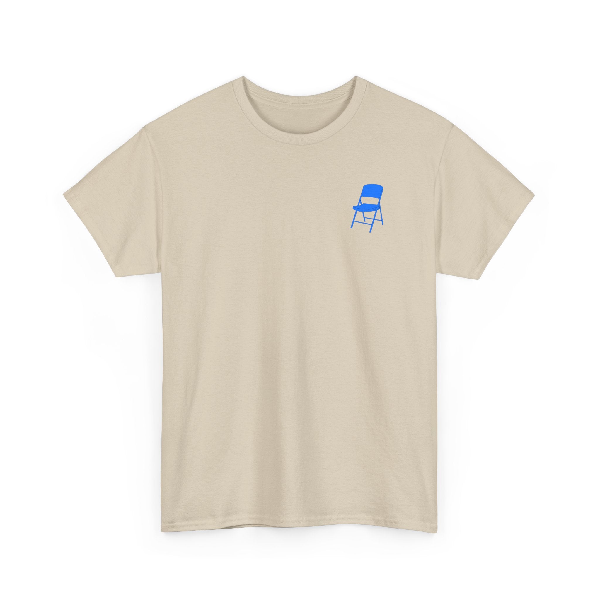 Beige t-shirt with 'blue chair' logo on a white background