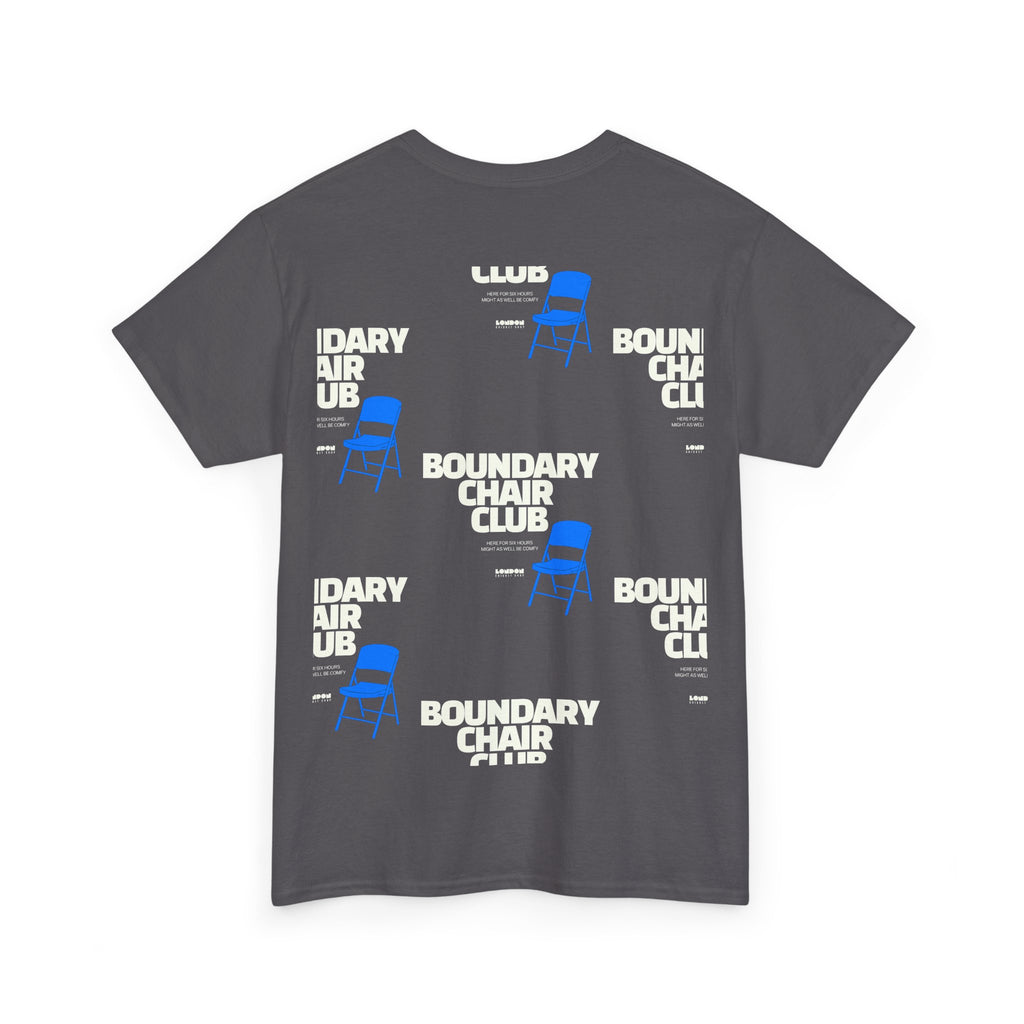 Gray t-shirt with 'Boundary Chair Club' text and blue chair illustrations on a white background