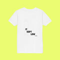 White t-shirt with black text on a white background
