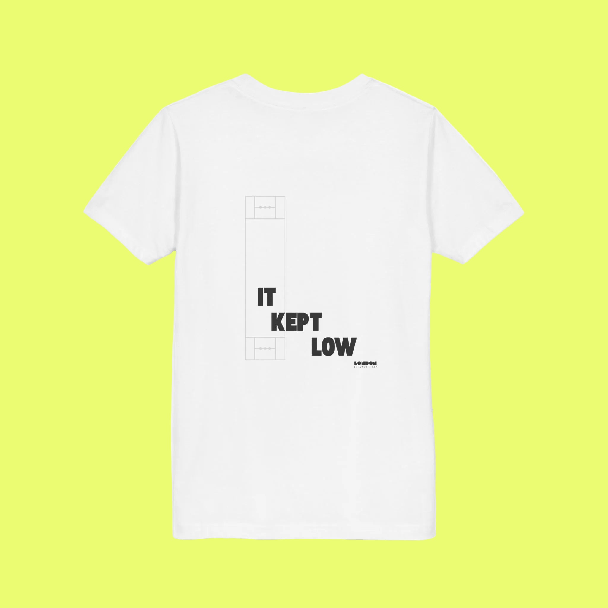 White t-shirt with black text on a white background