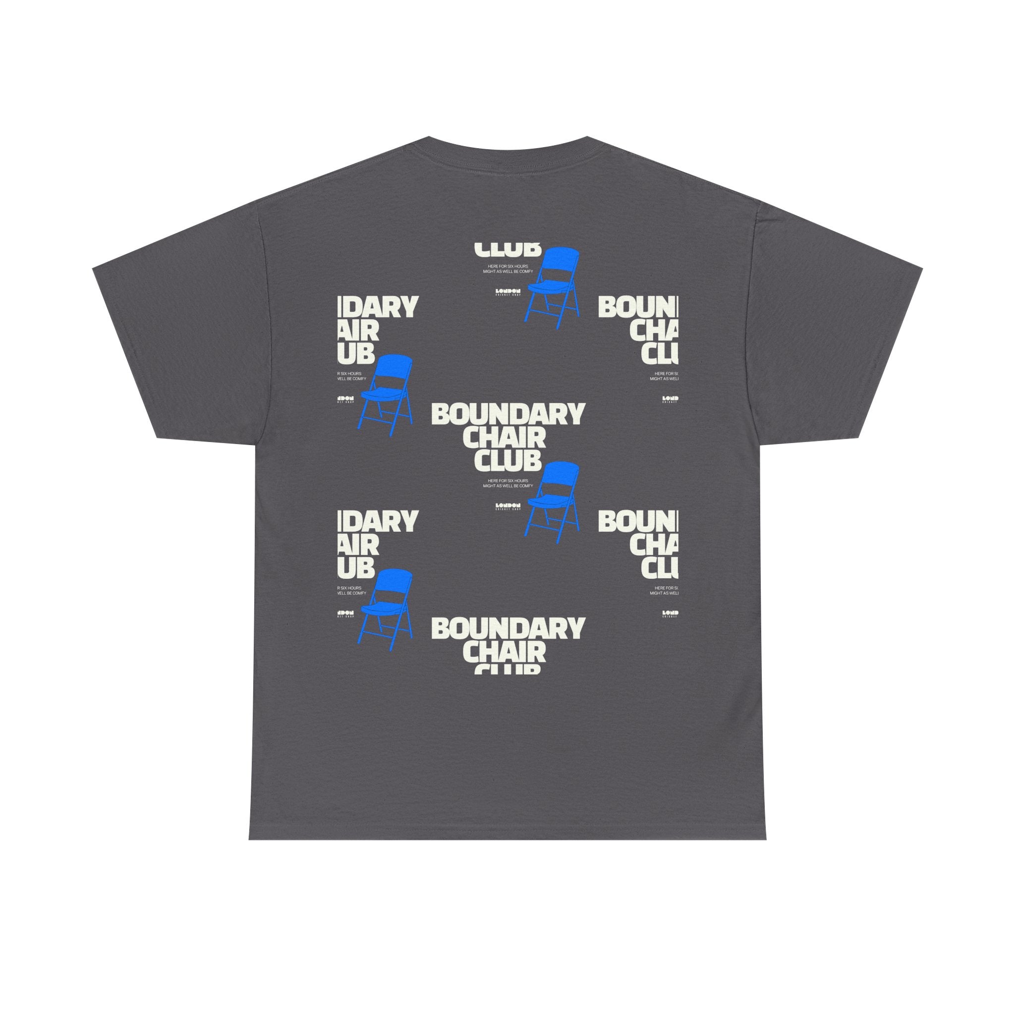 Gray t-shirt with 'Boundary Chair Club' text and blue chair illustrations on a white background