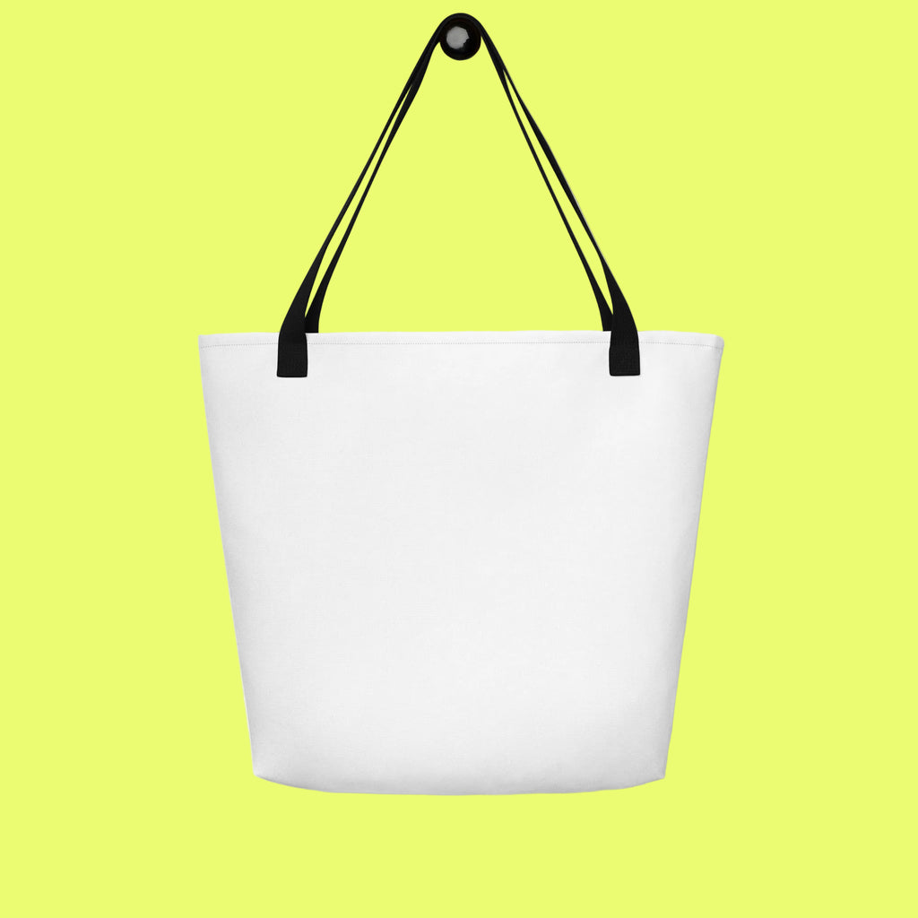 White tote bag with black handles on a white background