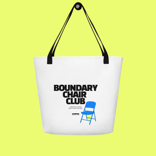 White tote bag with 'Boundary Chair Club' text and blue chair icon on a white background