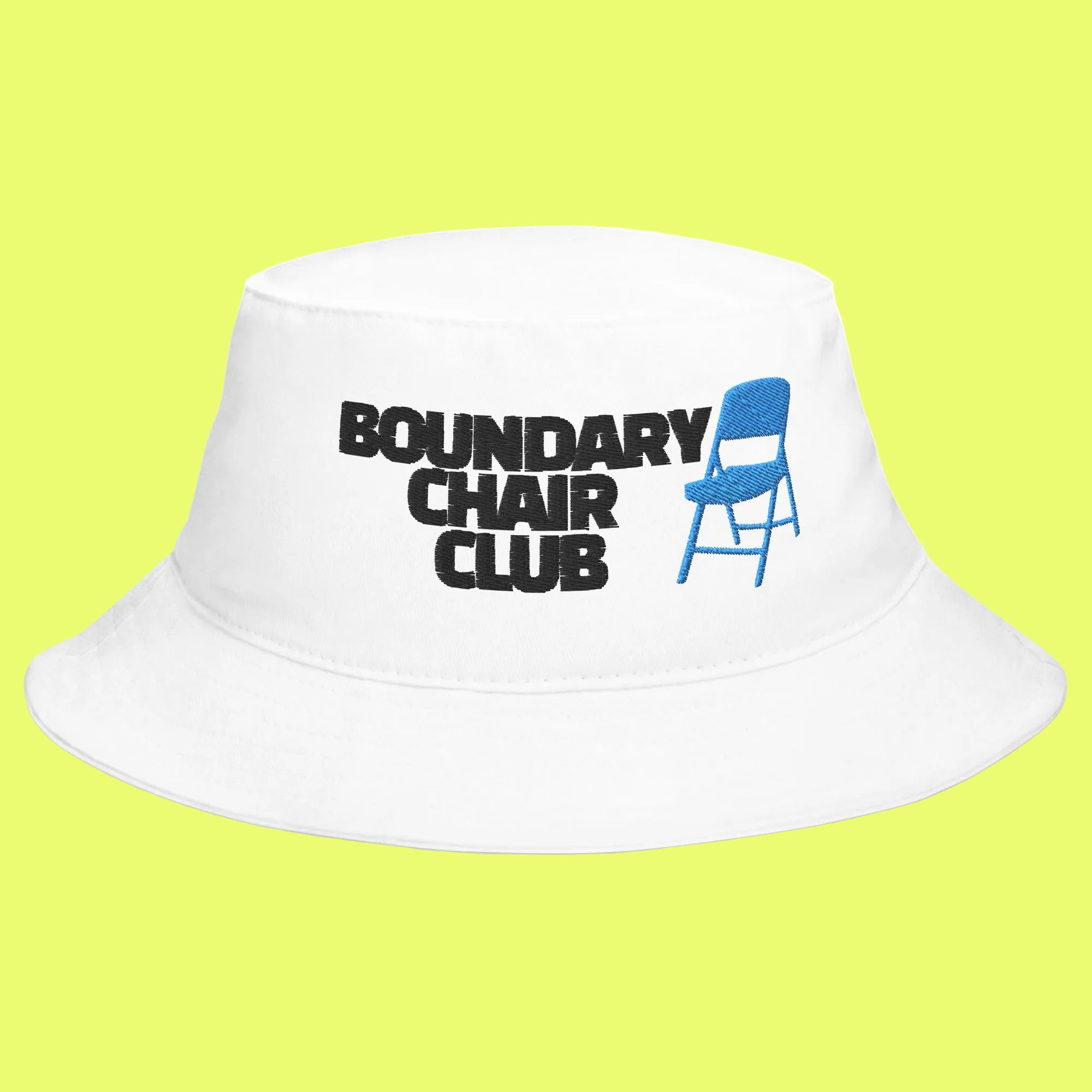 White bucket hat with 'Boundary Chair Club' text and blue chair icon on a white background