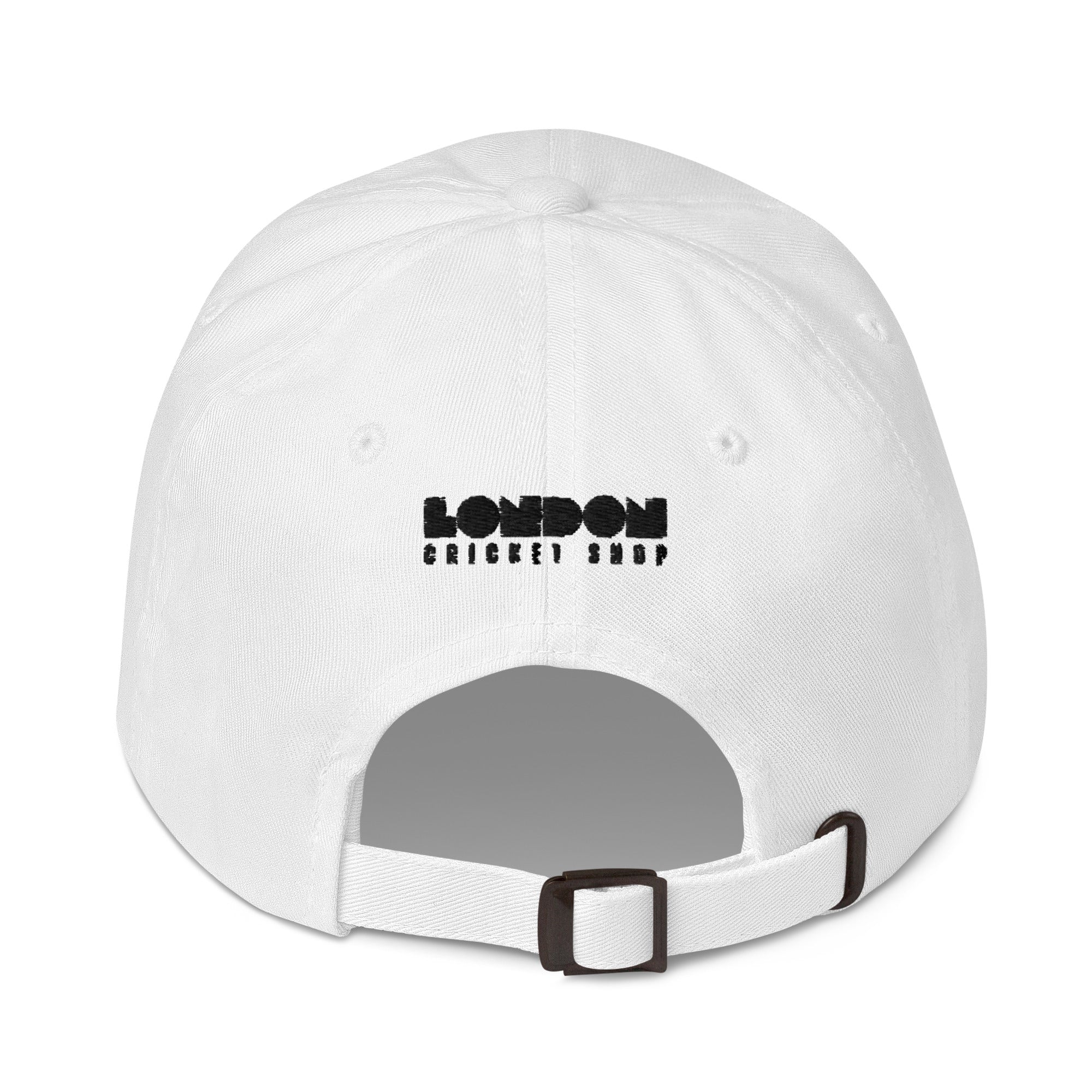 White cap with 'London Cricket Shop' logo on a white background