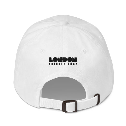 White cap with 'London Cricket Shop' logo on a white background