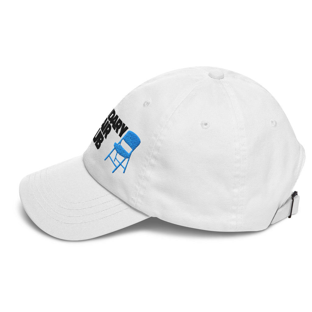 White cap with black text and blue icon on a white background