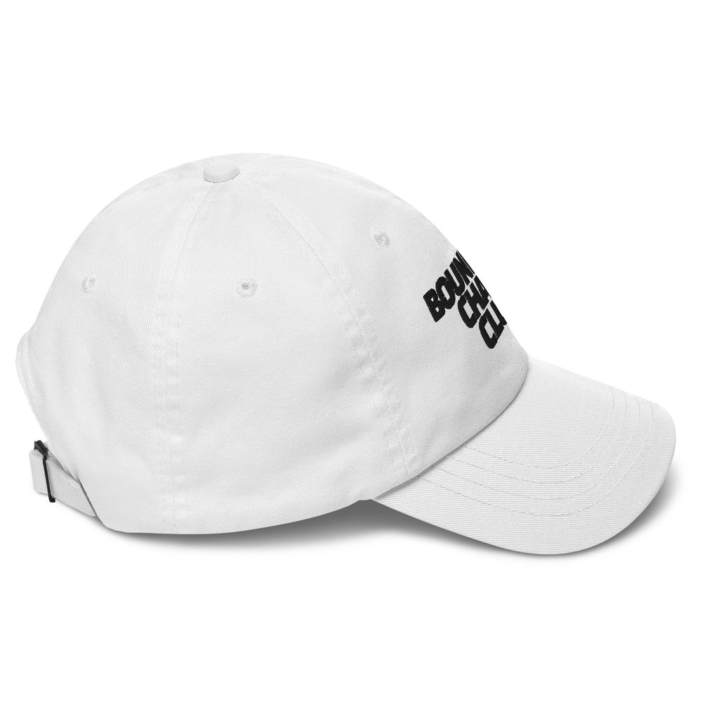 White cap with black text on a white background