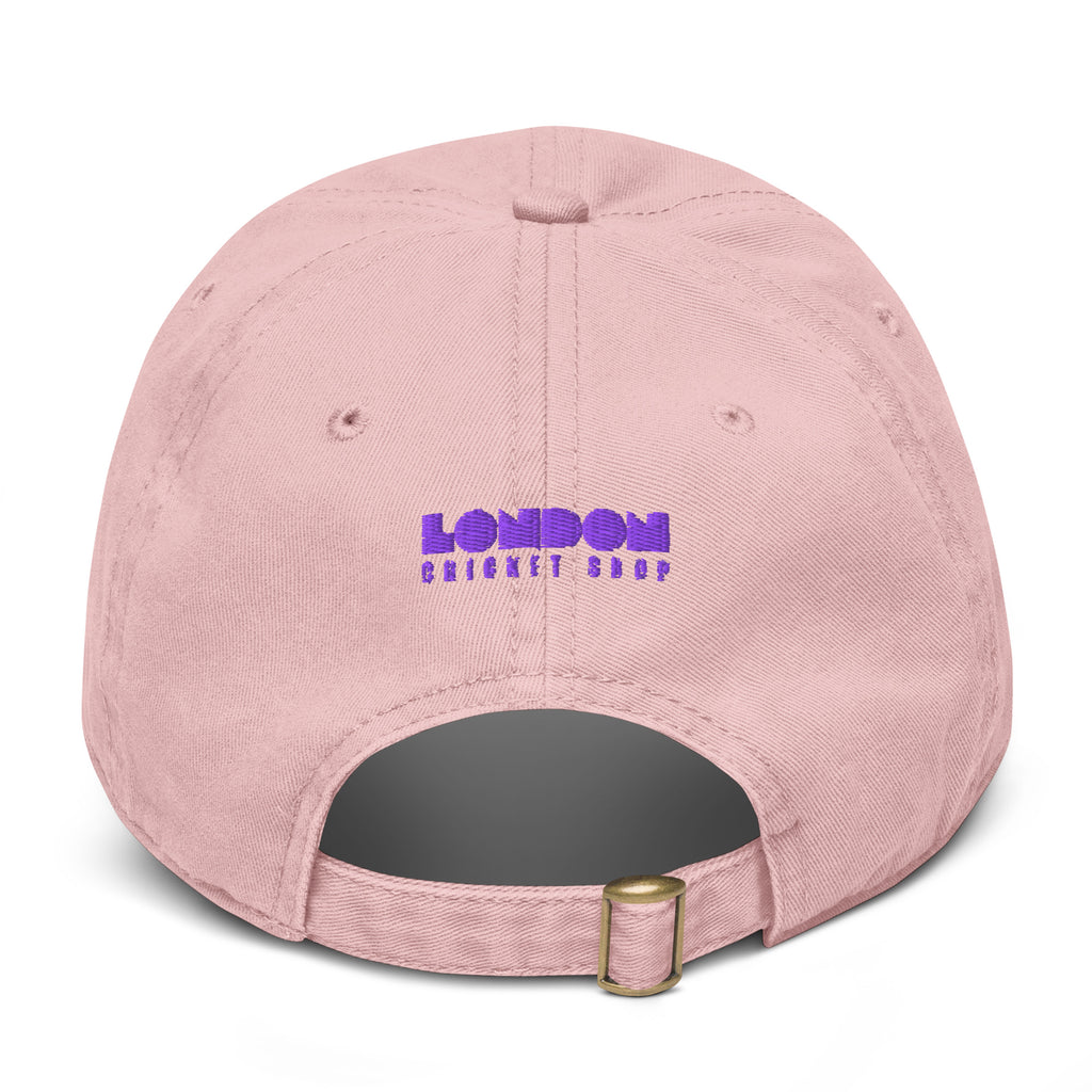 Pink cap with 'London Cricket Shop' logo on a white background