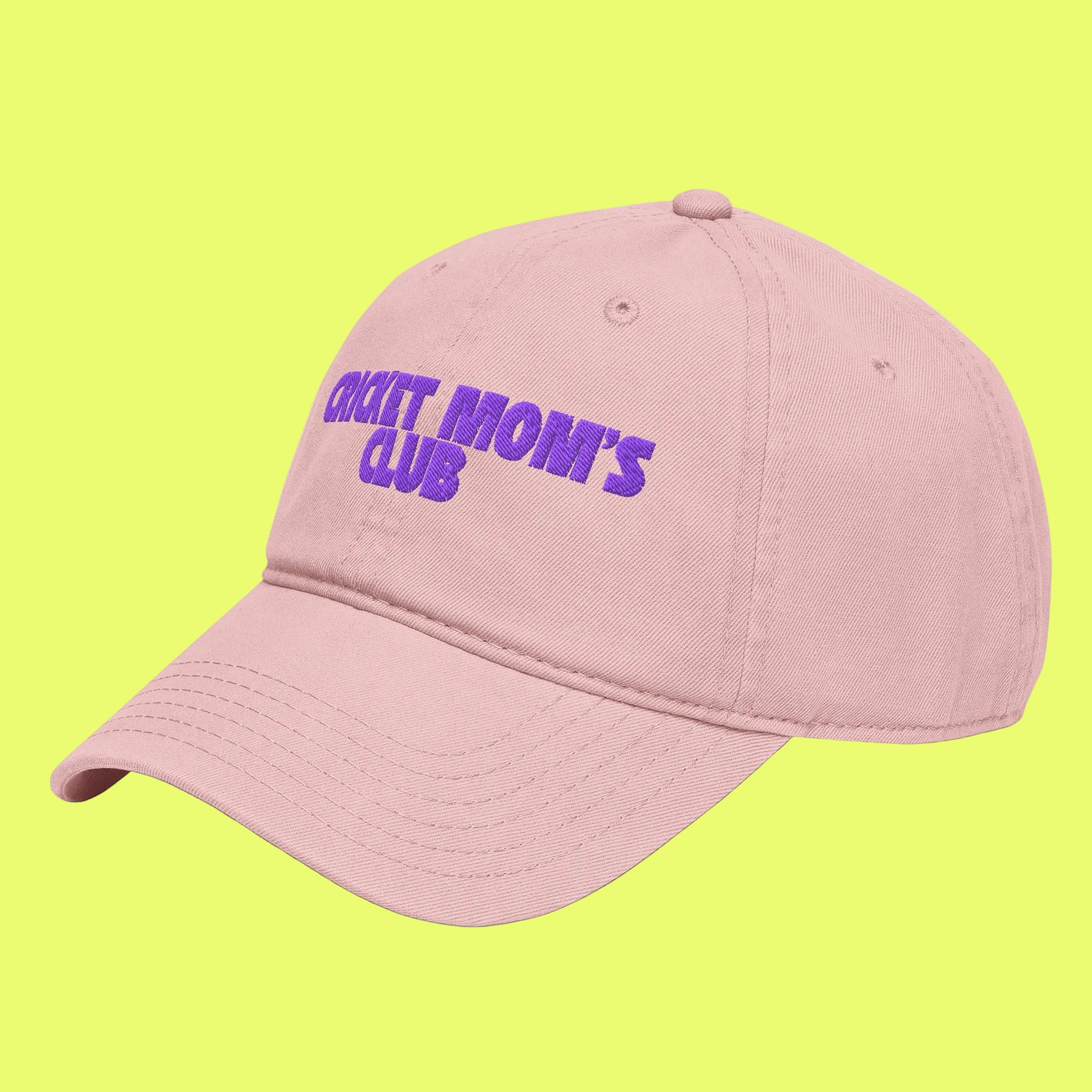 Pink cap with 'Cricket Mom's Club' text in purple on a white background