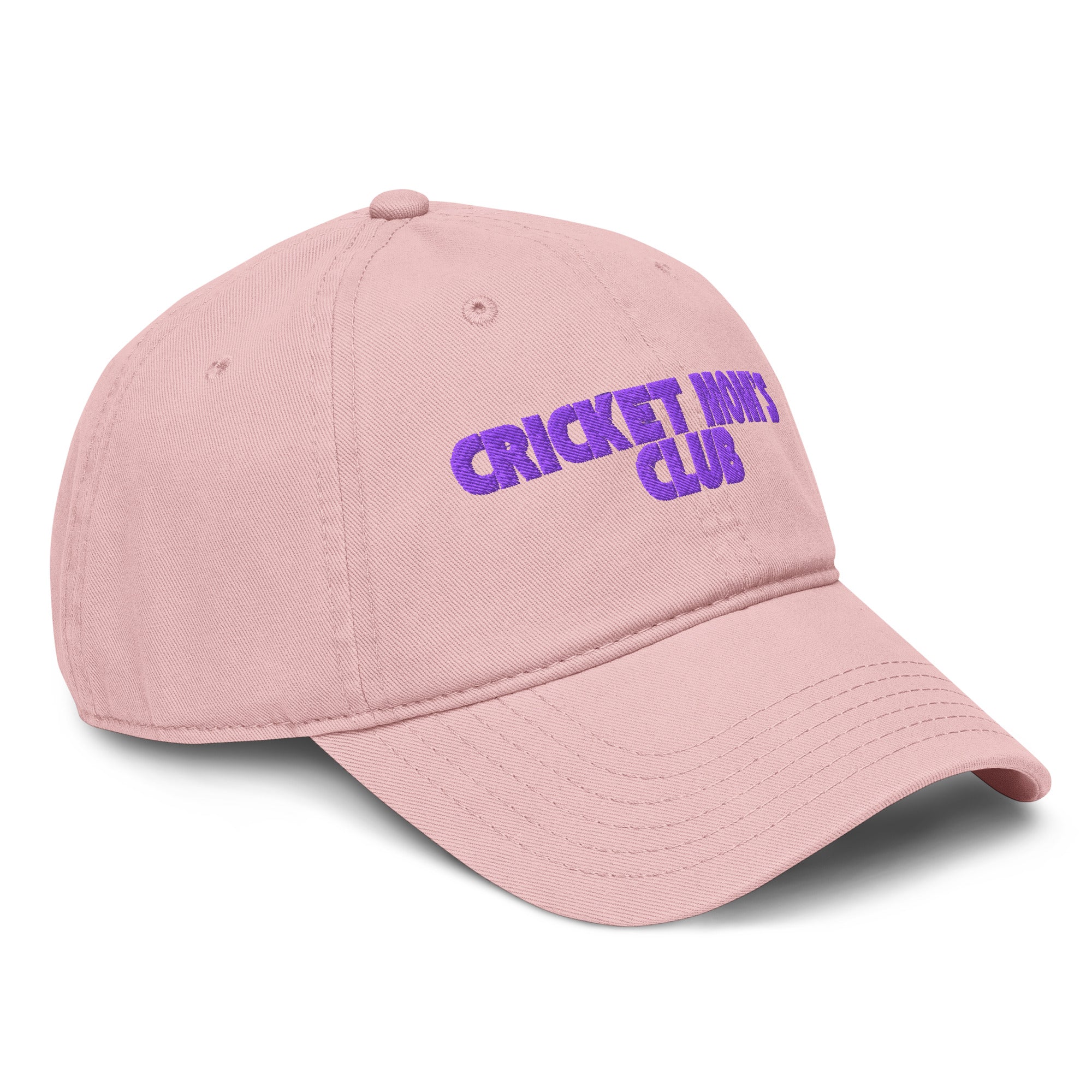 Pink cap with 'Cricket Mom's Club' text on a white background