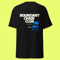 Black t-shirt with 'Boundary Chair Club' text and blue chair graphic on a white background