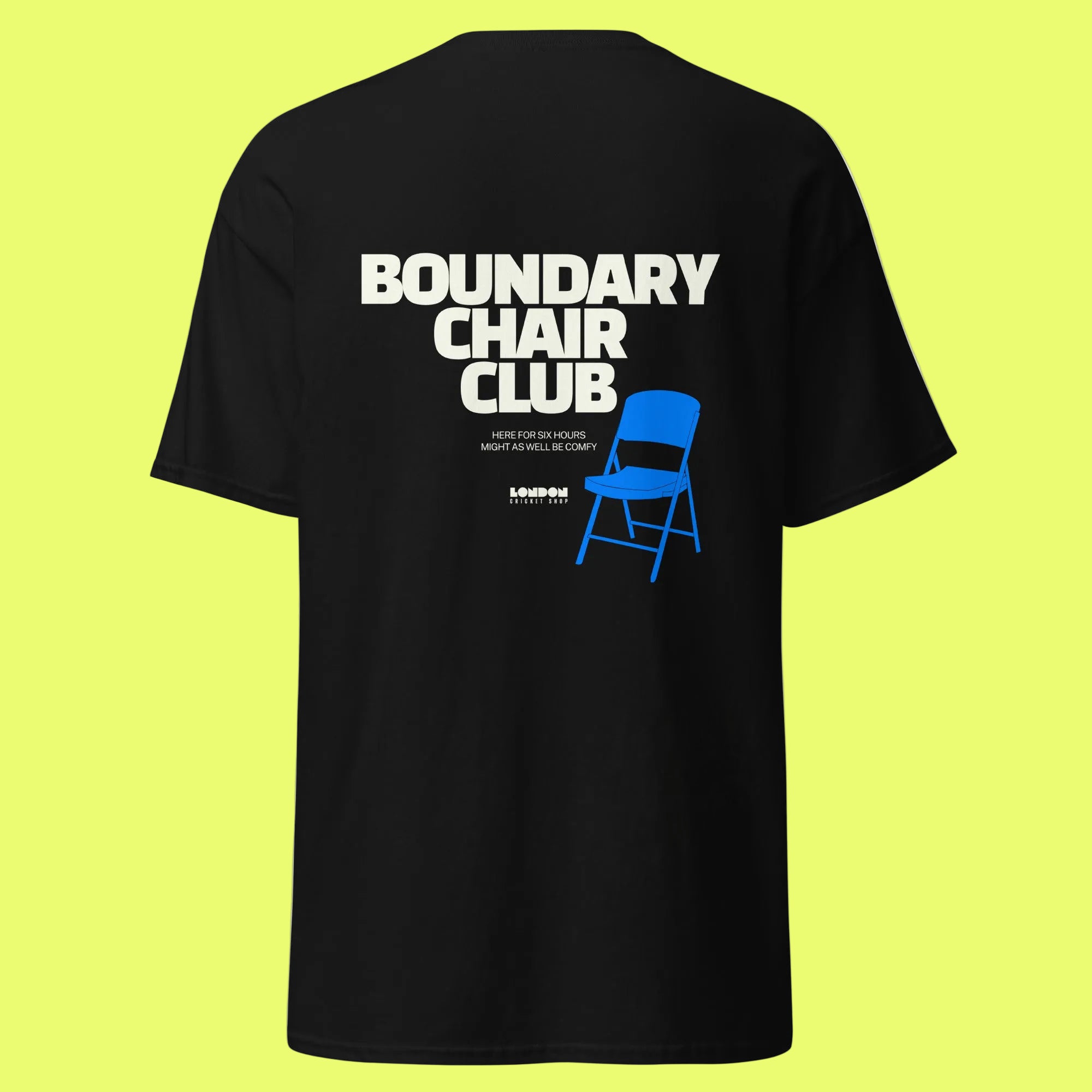 Black t-shirt with 'Boundary Chair Club' text and blue chair graphic on a white background