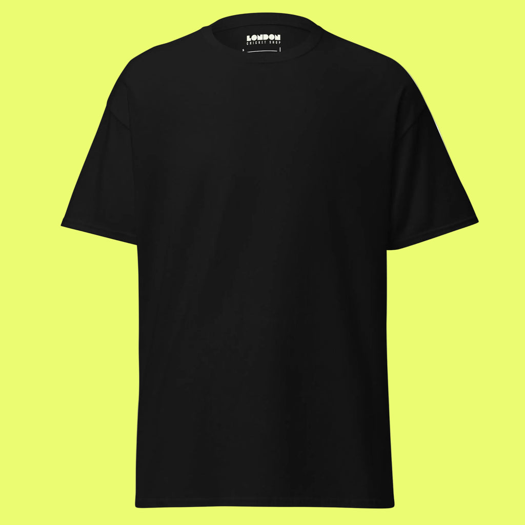 Black t-shirt with white text on a white background