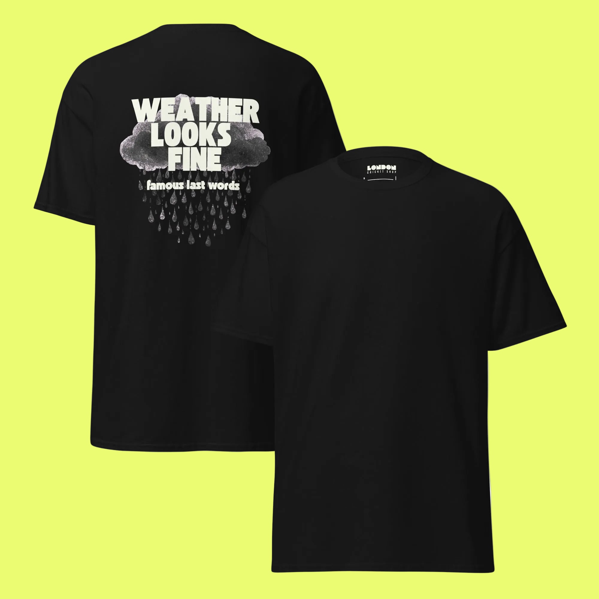Black t-shirt with a cloud graphic and  logo on the front, displayed from two angles.