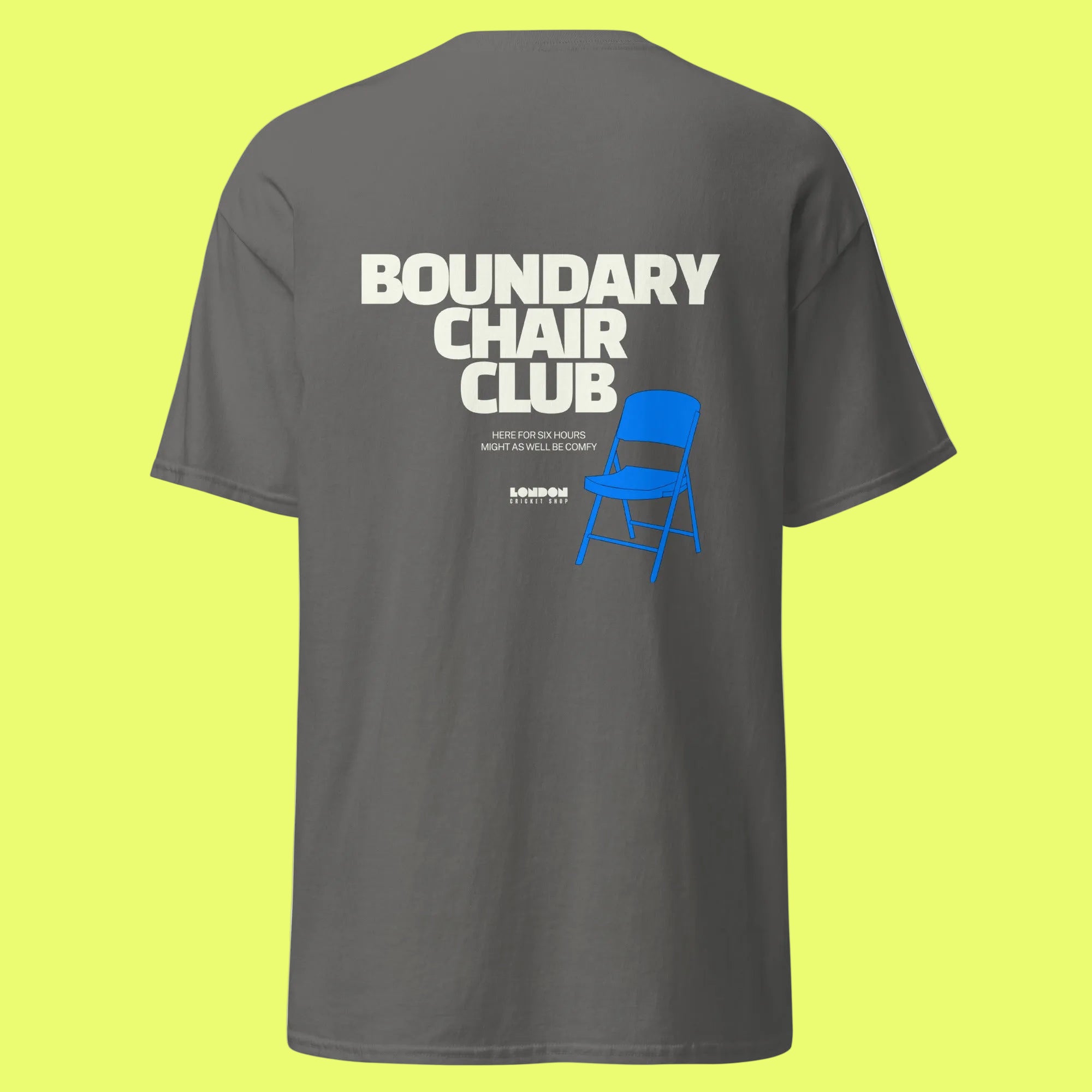 Gray t-shirt with 'Boundary Chair Club' text and blue chair graphic on a white background