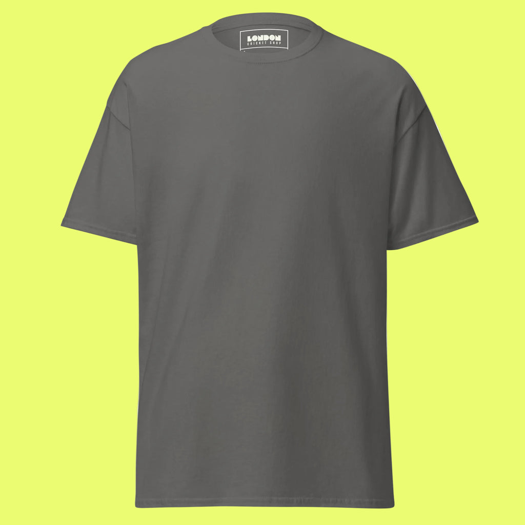 Gray t-shirt with 'London Cricket Shop' text on a white background