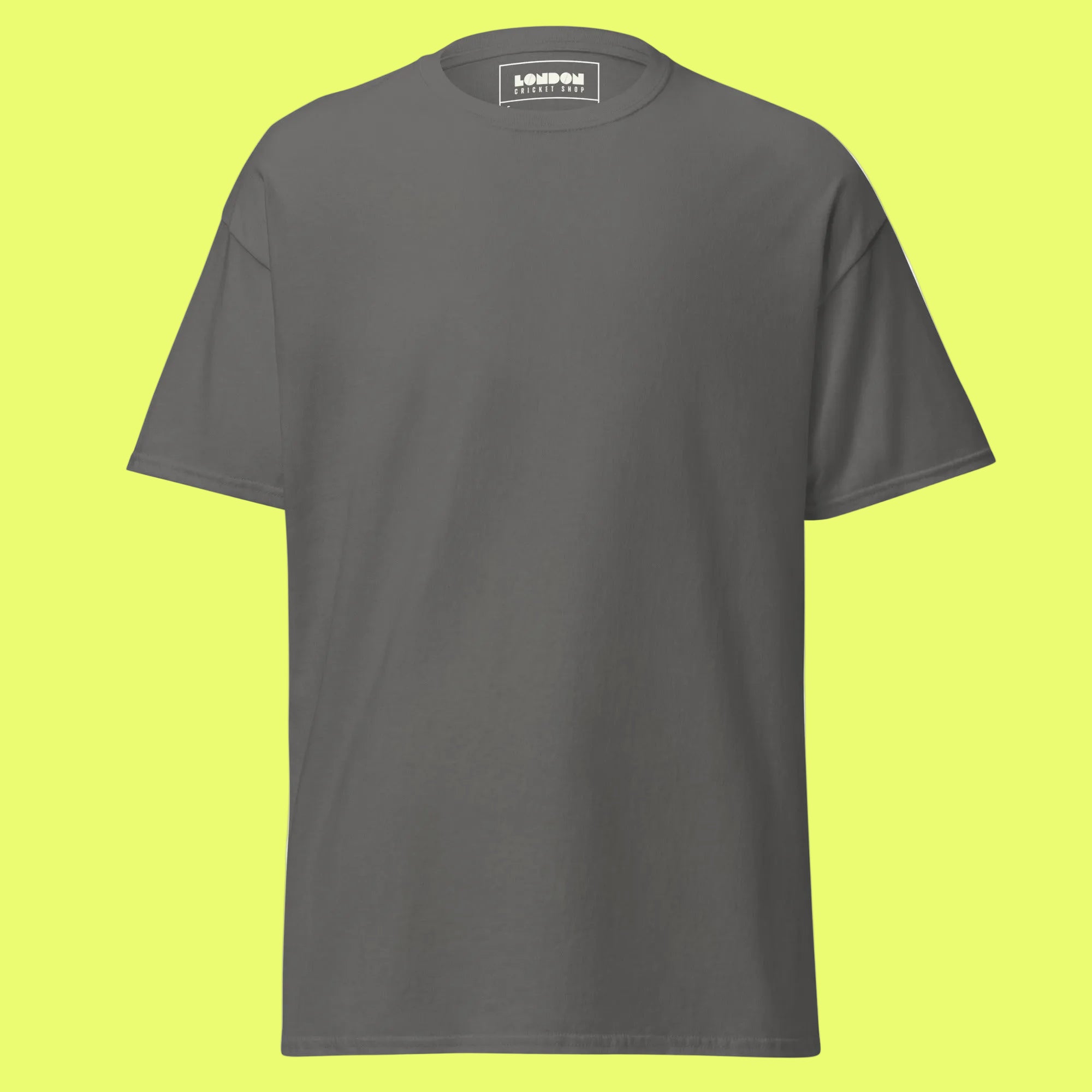 Gray t-shirt with 'London Cricket Shop' text on a white background