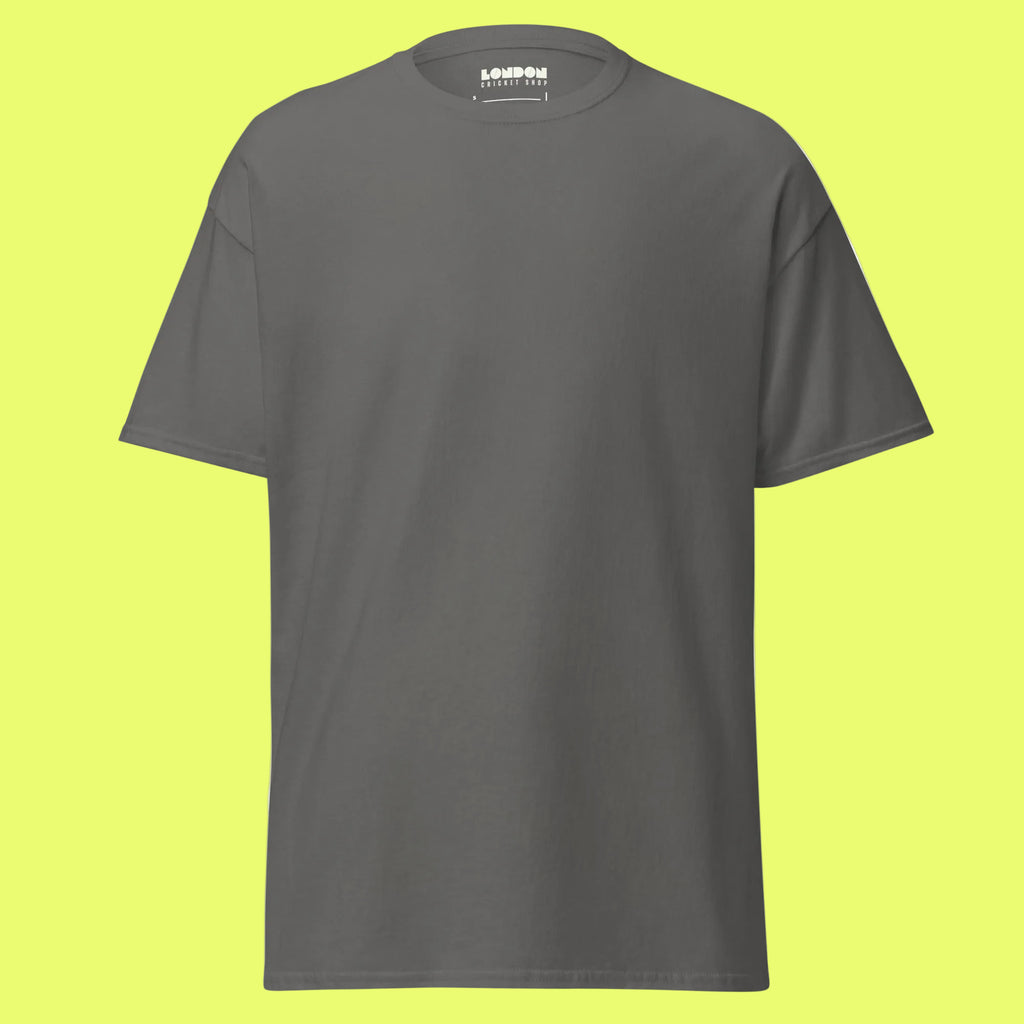 Gray t-shirt with LONDON CRICKET SHOP text on a neon background