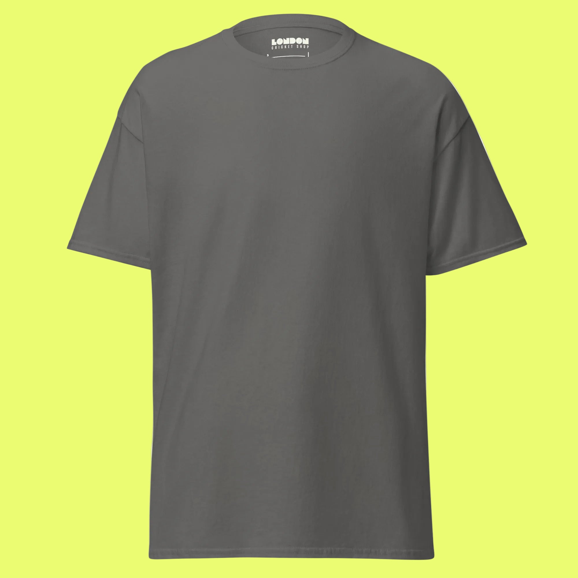 Gray t-shirt with LONDON CRICKET SHOP text on a neon background