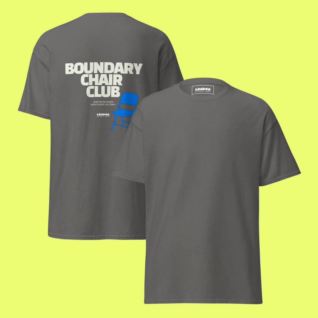 Gray t-shirt with text on the front and back, displayed on a white background.