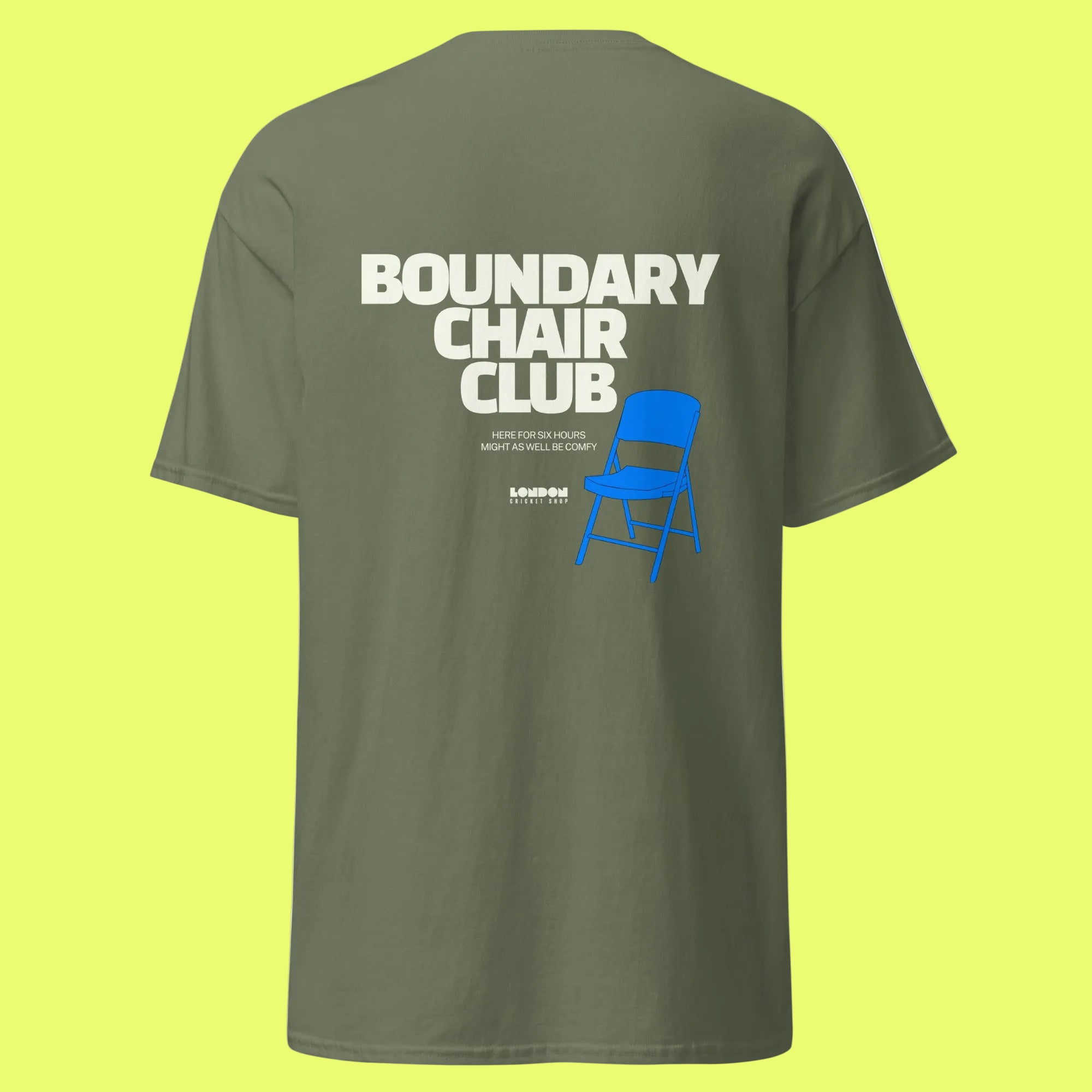 Green t-shirt with 'Boundary Chair Club' text and graphic on the back, on a white background