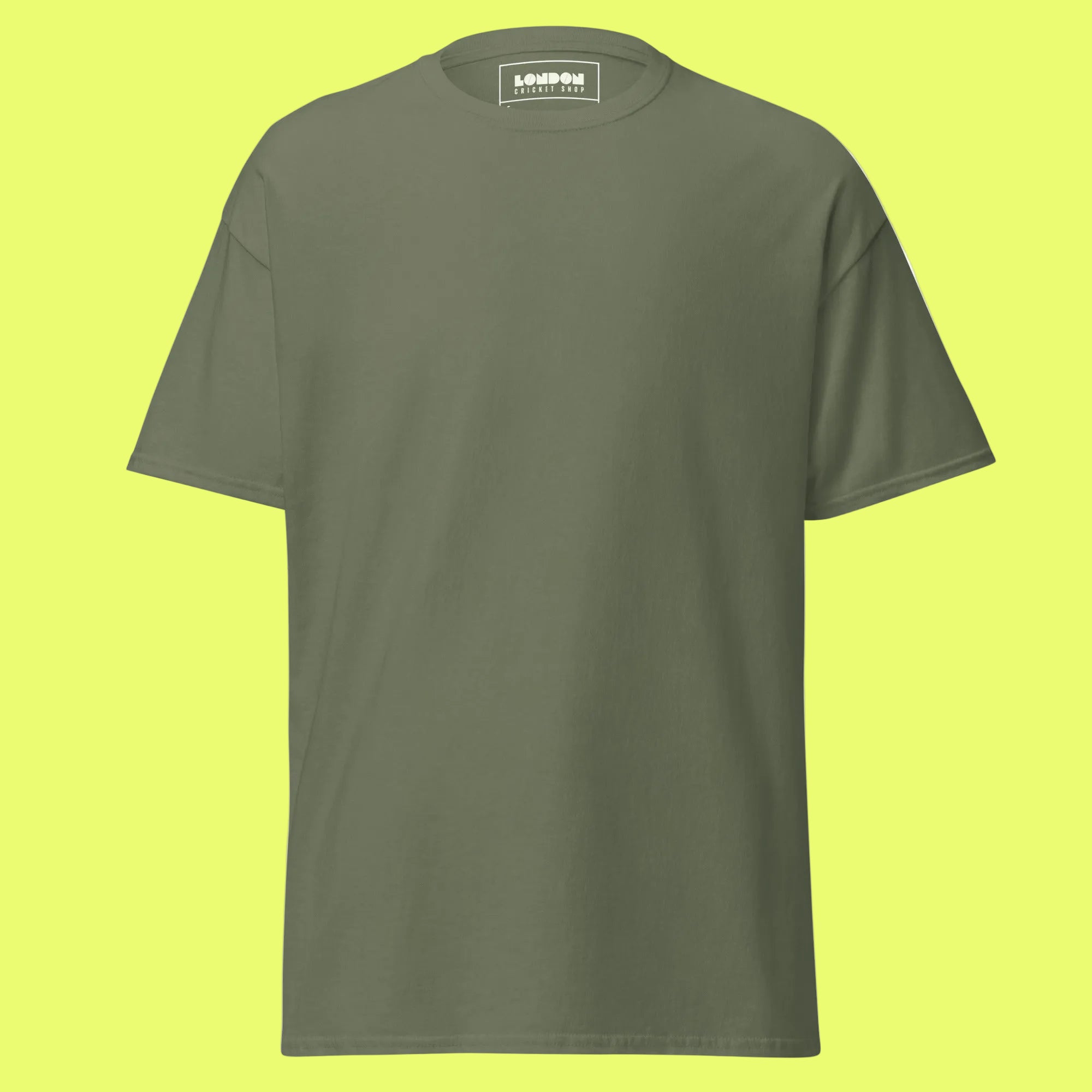 Gray t-shirt with 'London Cricket Shop' text on a white background