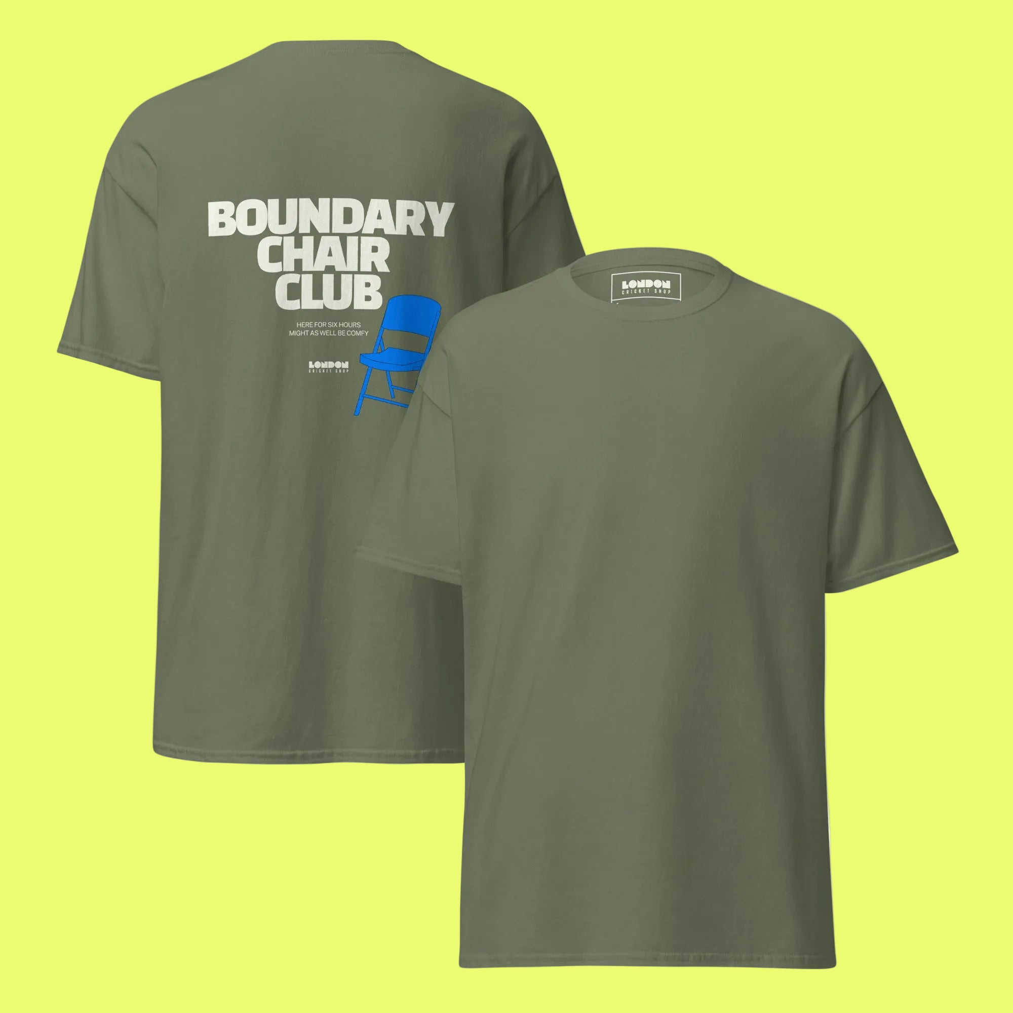 Gray t-shirt with text on the front and back, displayed on a white background.