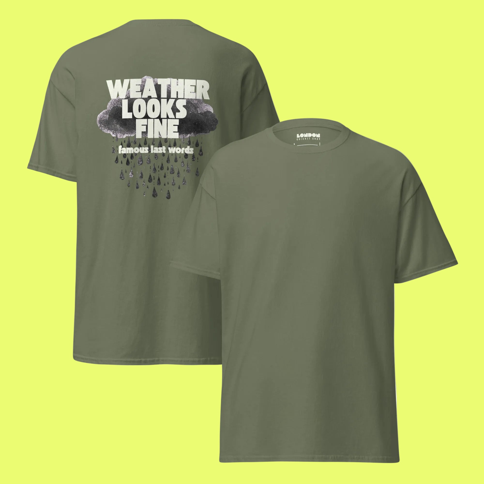Gray t-shirt with a graphic design on the front and text on the back, displayed on a neon background.