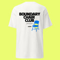 White t-shirt with 'Boundary Chair Club' text and blue chair graphic on a white background