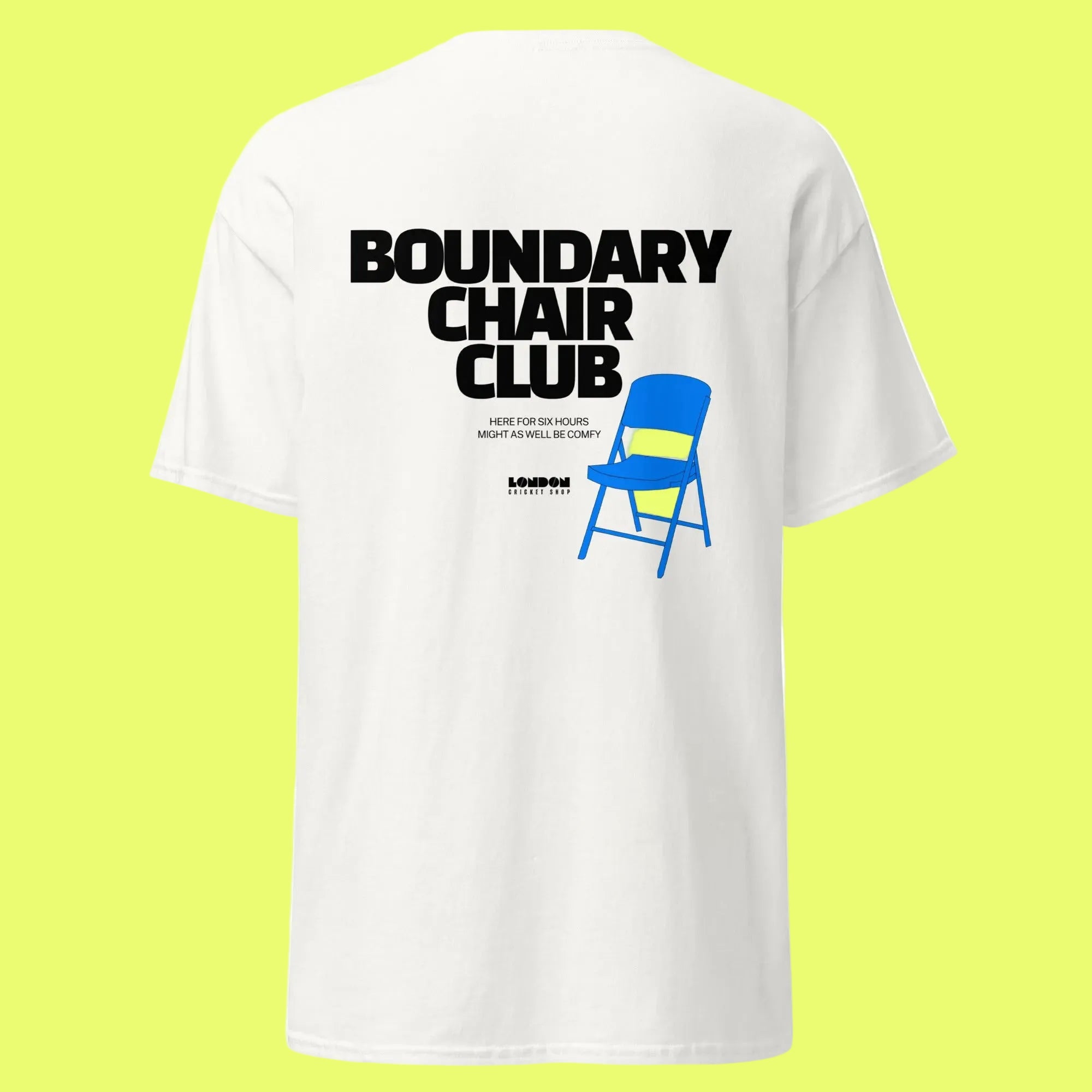 White t-shirt with 'Boundary Chair Club' text and blue chair graphic on a white background