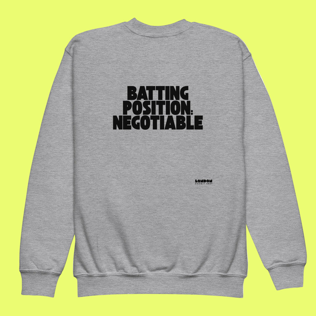 Gray sweatshirt with black text on a white background