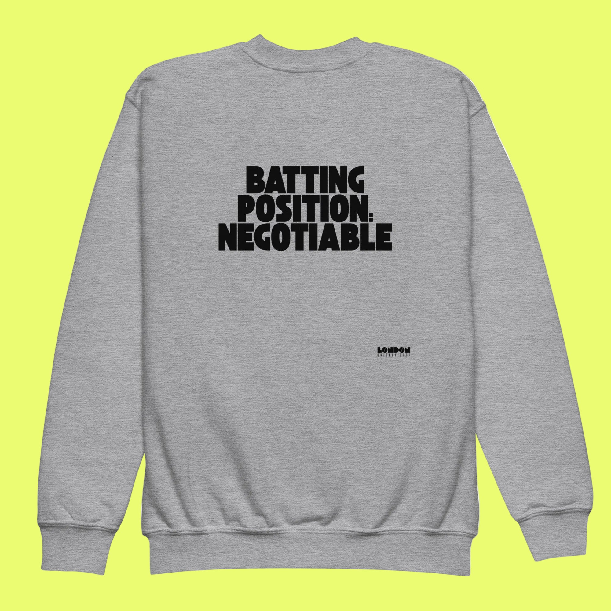 Gray sweatshirt with black text on a white background