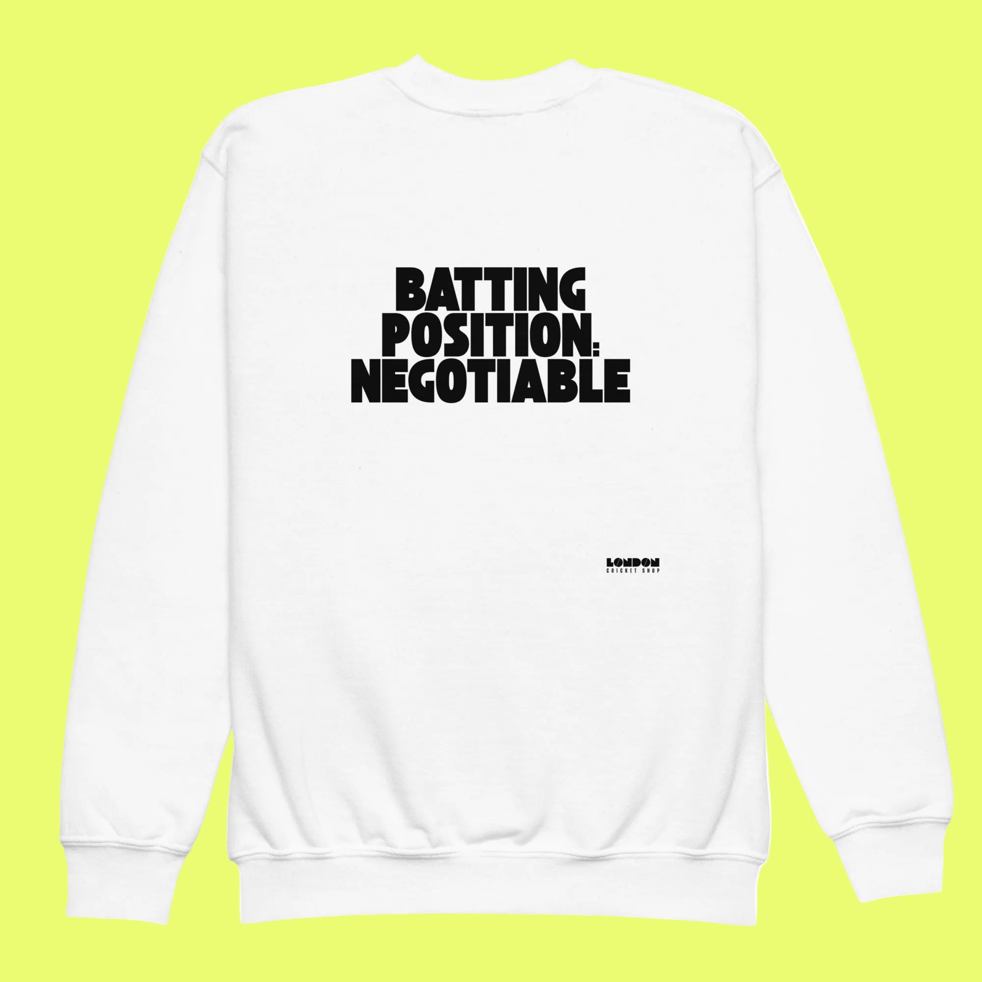 White sweatshirt with black text on a white background