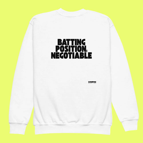 White sweatshirt with black text on a white background